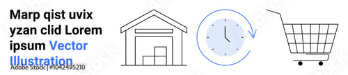 Warehouse, clock with an arrow, and shopping cart icons symbolize efficient supply chain management, timely deliveries, and online shopping processes. Ideal for e-commerce, logistics, retail, time