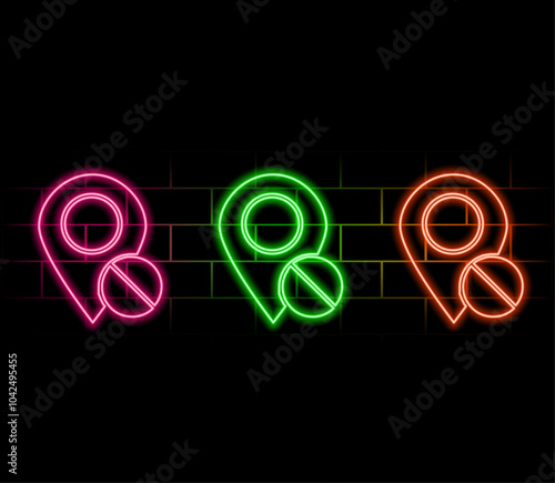 Neon map pin icon. Glowing neon marker sign, outline pointer pictogram in vivid color. Navigation mark, destination point, location marker, address place. Vector icon set, sign, symbol for UI