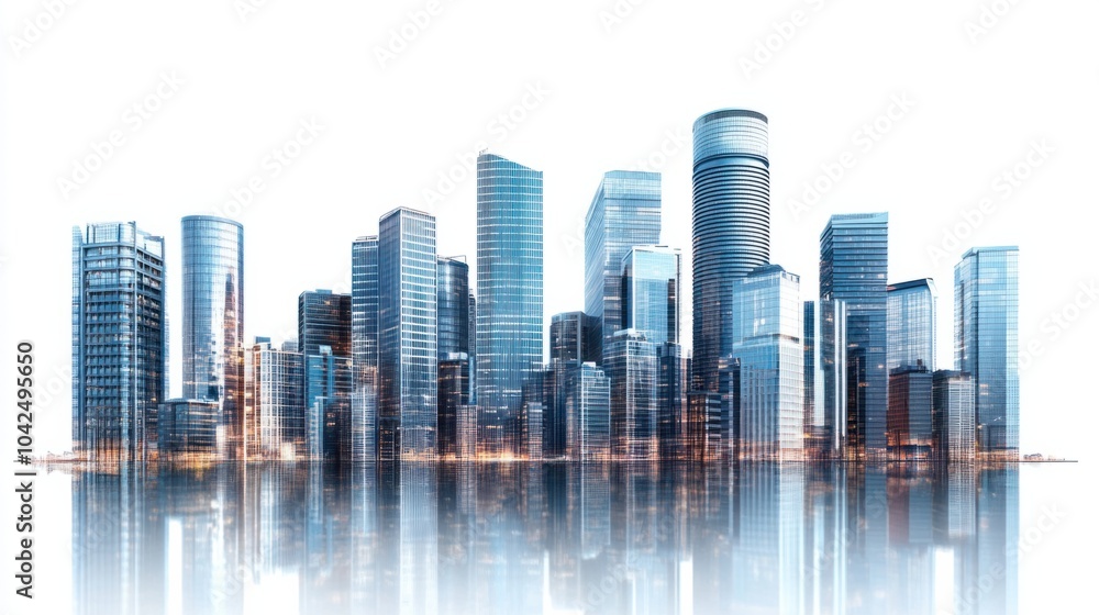 Fototapeta premium Cityscape panorama with futuristic office towers and business complexes, isolated on white background