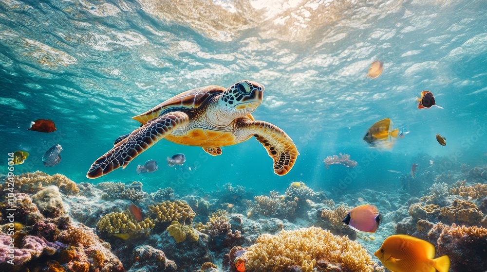 A sea turtle swims through a vibrant coral reef with colorful fish in the clear blue ocean water. A sea turtle swims through a vibrant coral reef with colorful fish in the clear blue ocean water.