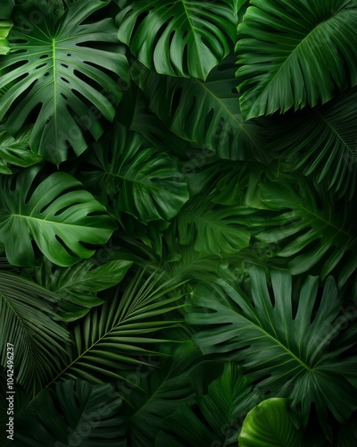 A lush arrangement of green tropical leaves creating a vibrant backdrop.