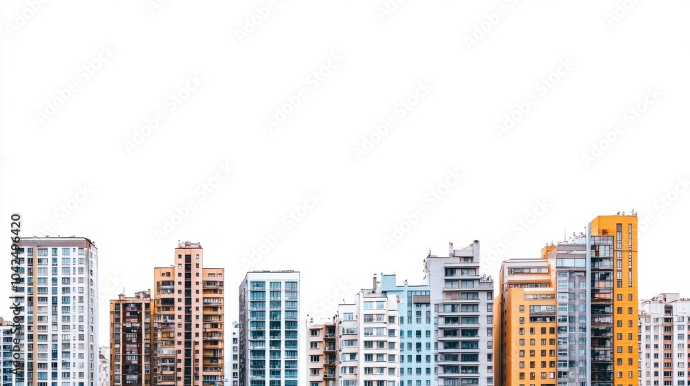 Obraz premium Panorama of densely packed high-rise buildings with modern facades, isolated on white background