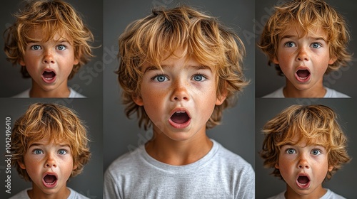 Foto collages de adolescentes o niños con diferentes expresiones en el rostro, queja, sorpresa, dolor o alegría.

 photo