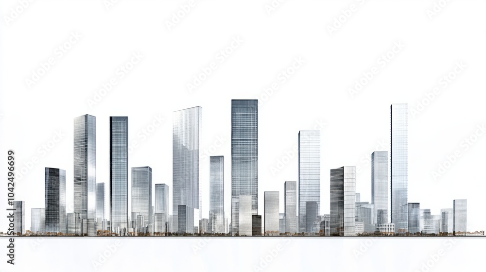 Fototapeta premium Panorama of sleek glass and steel high-rise buildings in a modern city, isolated on white background