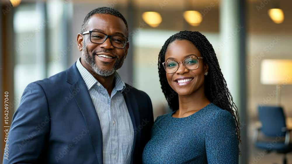 A man and woman, both wearing glasses, smile for a photo in a modern office A man and woman, both wearing glasses, smile for a photo in a modern office