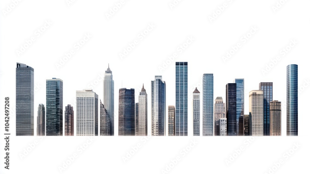 Fototapeta premium Panorama of tall office buildings with sleek architectural designs, isolated on white background