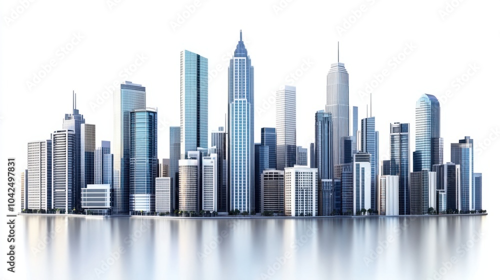 Panoramic cityscape with modern high-rises and sleek office buildings, isolated on white background Panoramic cityscape with modern high-rises and sleek office buildings, isolated on white background