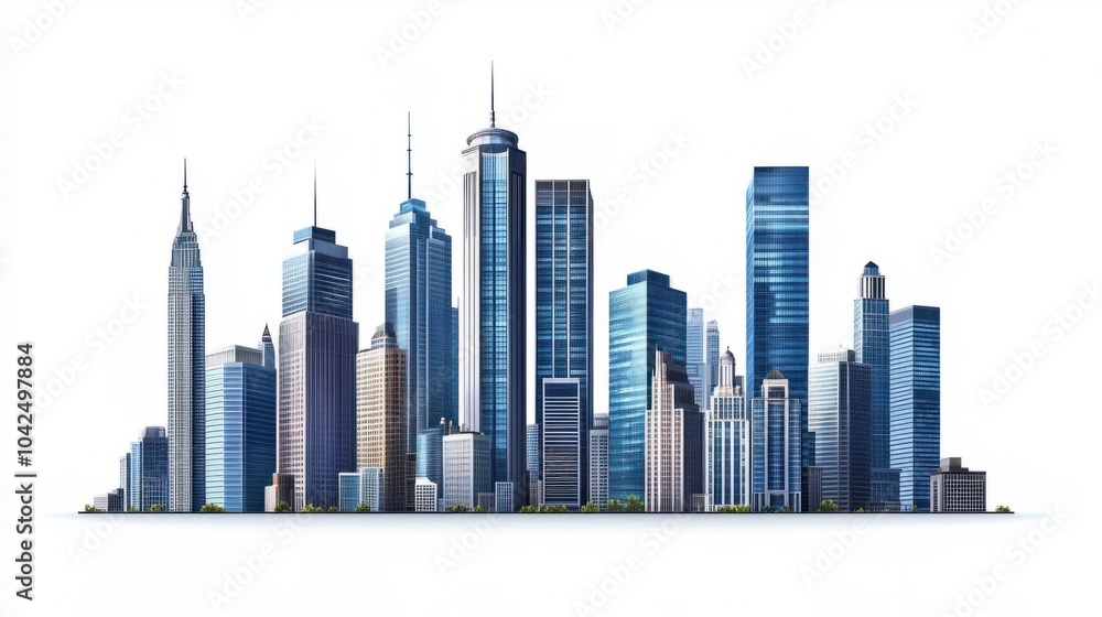 Fototapeta premium Panoramic cityscape with modern high-rises and sleek office buildings, isolated on white background