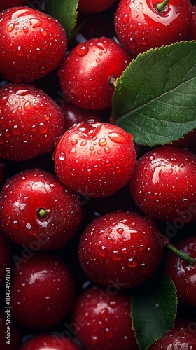 Foto comercial de cerezas, apiladas y rociadas con agua para simular frescor y apetencia, concepto de salud, de frutos rojos y del bosque como símbolo de salud, cardiovascular y antioxidante. photo