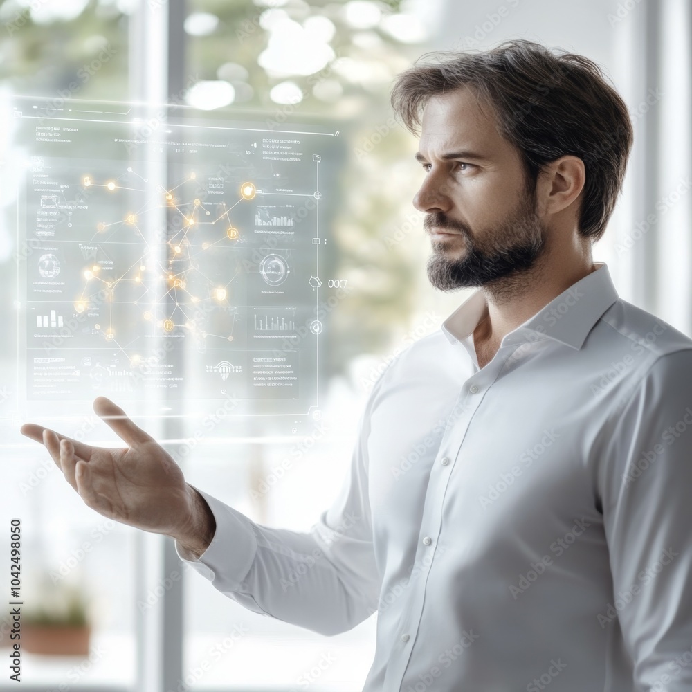 Ingeniero mostrando interface digital futurista con gráficas de números y símbolos tecnológicos, para ser más amigable la interacción.
Ingeniero mostrando interface digital futurista con gráficas de números y símbolos tecnológicos, para ser más amigable la interacción.