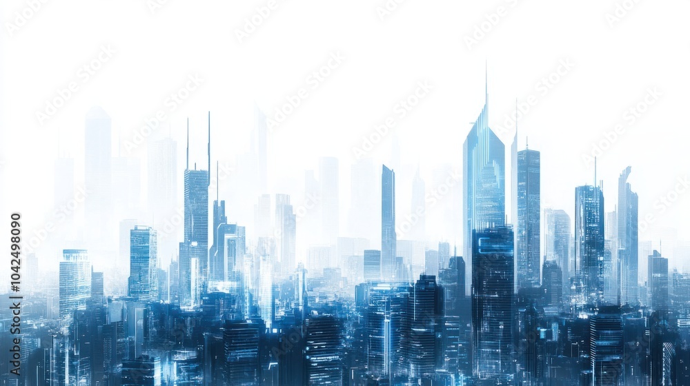 Panoramic cityscape with tall buildings and futuristic design elements, isolated on white background Panoramic cityscape with tall buildings and futuristic design elements, isolated on white background