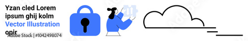 A blue padlock symbol, a person exchanging documents, and a cloud outline. Ideal for cybersecurity, data transfer, cloud computing, collaborative tools, and technology services. Banner for landing