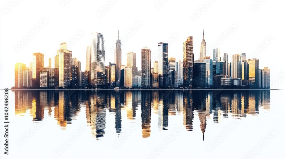 Fototapeta premium Panoramic cityscape with tall, reflective buildings in a modern business district, isolated on white background