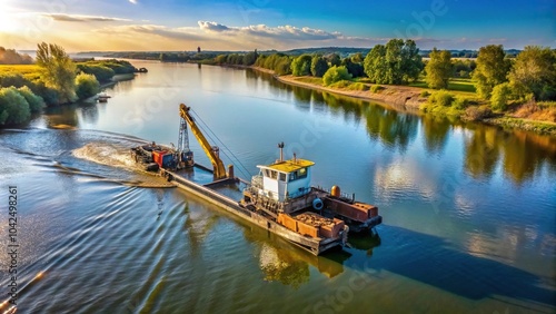 Wallpaper Mural Dredger cleaning the river bottom, promoting conservation of river flow with a view of nature and clouds from a high angle Torontodigital.ca
