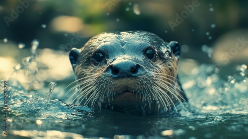 De una nutria en el agua, saliendo mojada y feliz