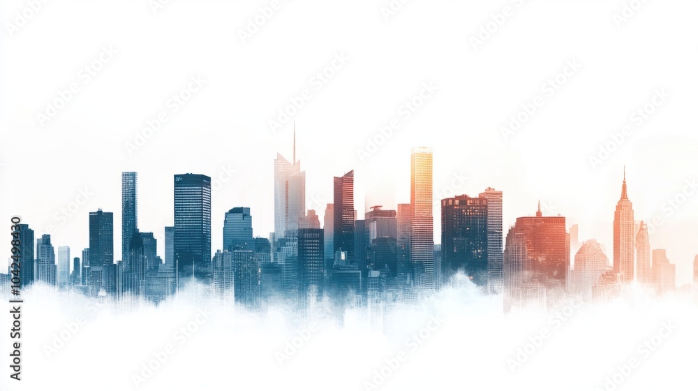 Fototapeta premium Panoramic skyline of contemporary city high-rises and tall buildings, isolated on white background