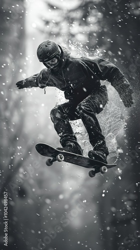 Skateboarding in the Snow: A Moment of Flight