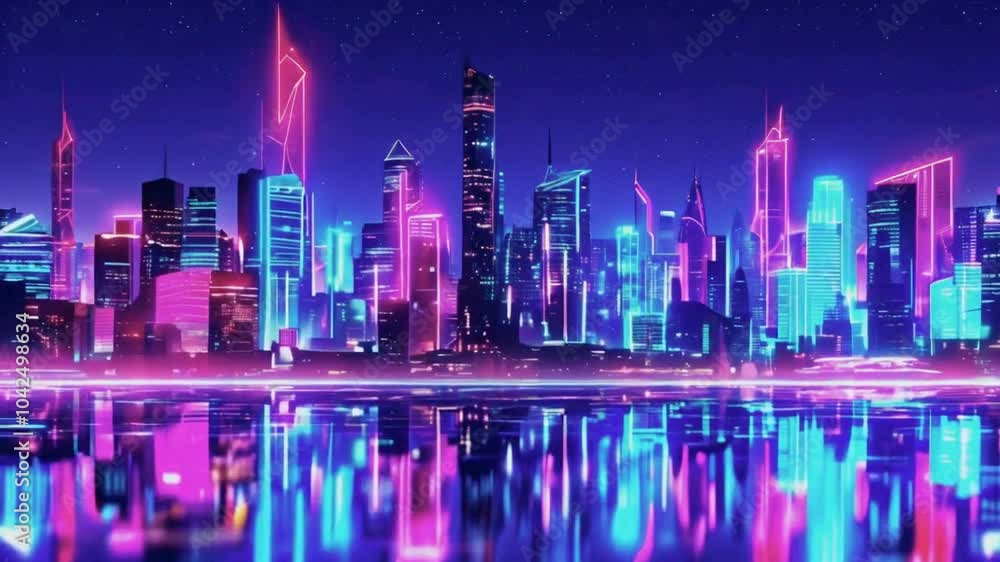 Night cityscape with Neon light and Futuristic digital design Night cityscape with Neon light and Futuristic digital design