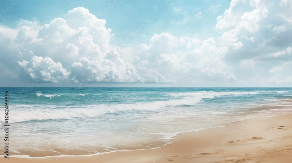 A serene beach scene with soft, white sand, gentle waves, and a clear blue sky dotted with fluffy clouds. A serene beach scene with soft, white sand, gentle waves, and a clear blue sky dotted with fluffy clouds.