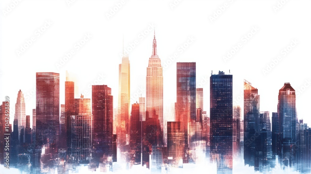 Fototapeta premium Panoramic urban landscape of business district towers and corporate buildings, isolated on white background
