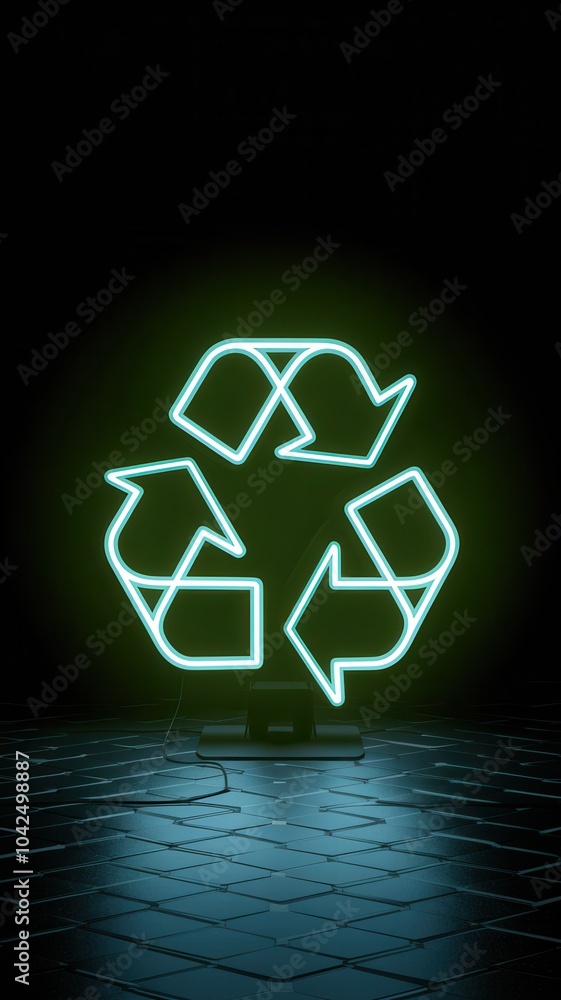 3D neon recycling symbol with green circle and white arrow on a moody gradient background. 3D neon recycling symbol with green circle and white arrow on a moody gradient background.