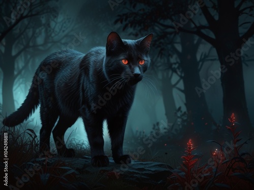 Black Cat in a Mystical Forest