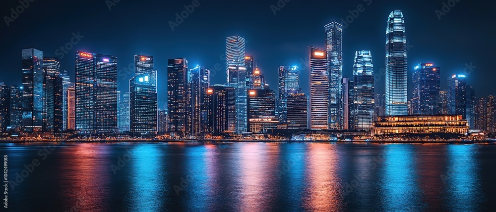 Fototapeta premium Nighttime cityscape with skyscrapers reflecting in the water.