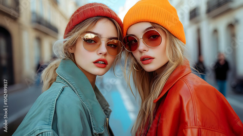 Two stylish young women pos...