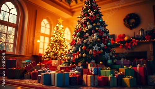 christmas tree with gifts and decorations isolated on room background