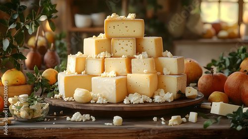 A pyramid of cheese surroun...