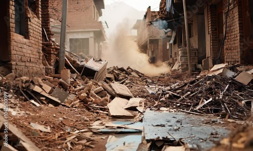 Devastated Street with Rubble and Debris after Earthquake in Urban Area