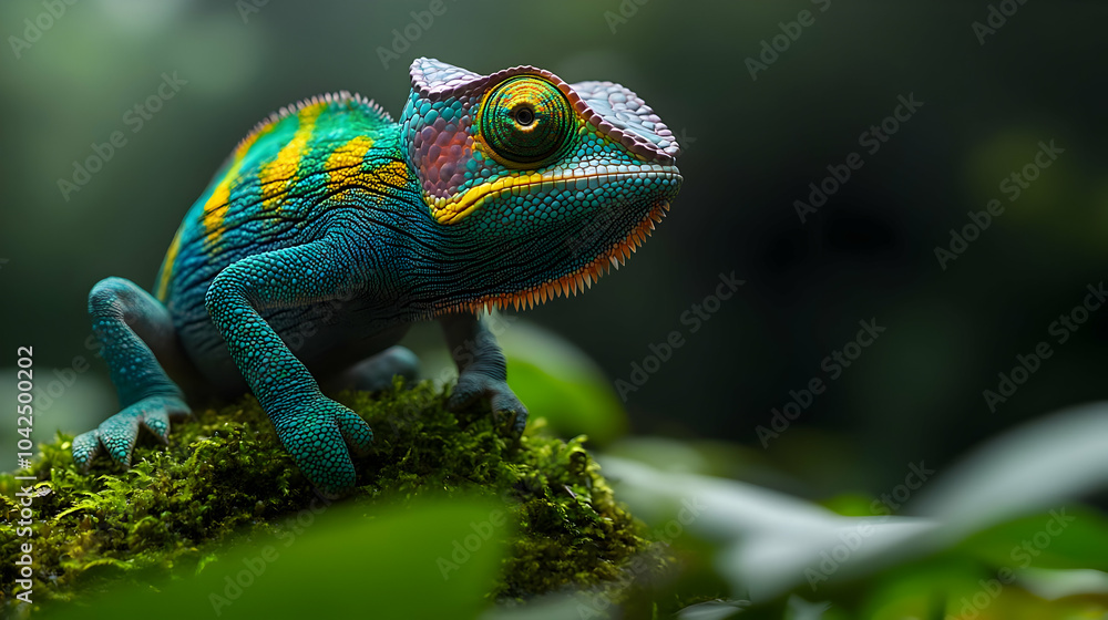 A vibrant chameleon perched on moss in a lush environment. A vibrant chameleon perched on moss in a lush environment.