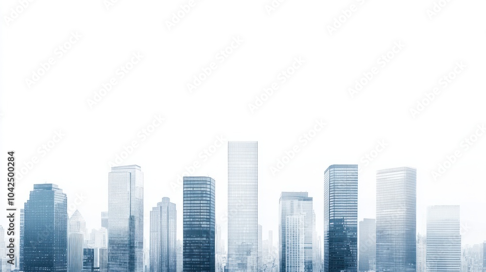 Fototapeta premium Skyline panorama featuring glass-covered skyscrapers and urban high-rises, isolated on white background