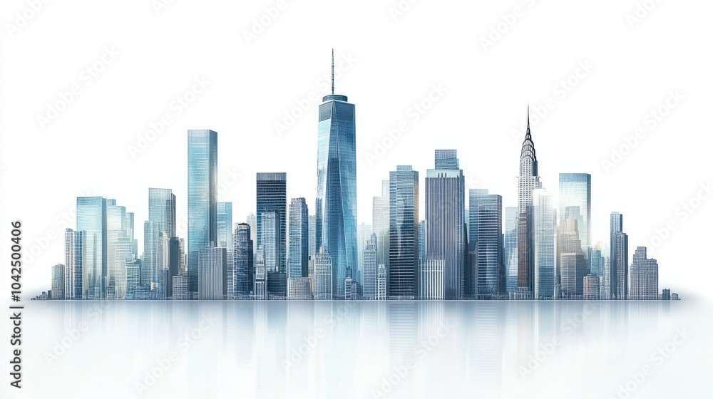 Fototapeta premium Skyline panorama featuring glass-covered skyscrapers and urban high-rises, isolated on white background