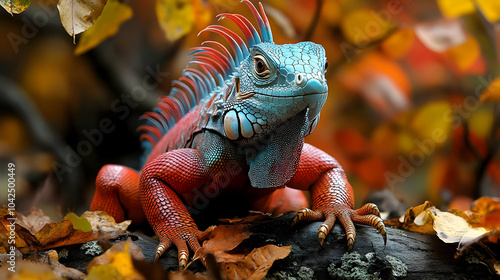 A vibrant iguana among autu...