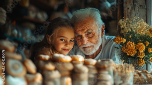 foto tierna de abuelo y nieta, cocinando, panecillos, concepto de ternura, familiar y cariño, entre el abuelo y su nieta.