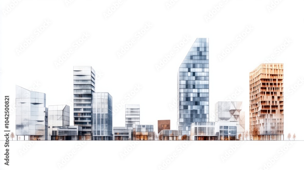 Wide panoramic view of contemporary buildings with geometric shapes, isolated on white background Wide panoramic view of contemporary buildings with geometric shapes, isolated on white background