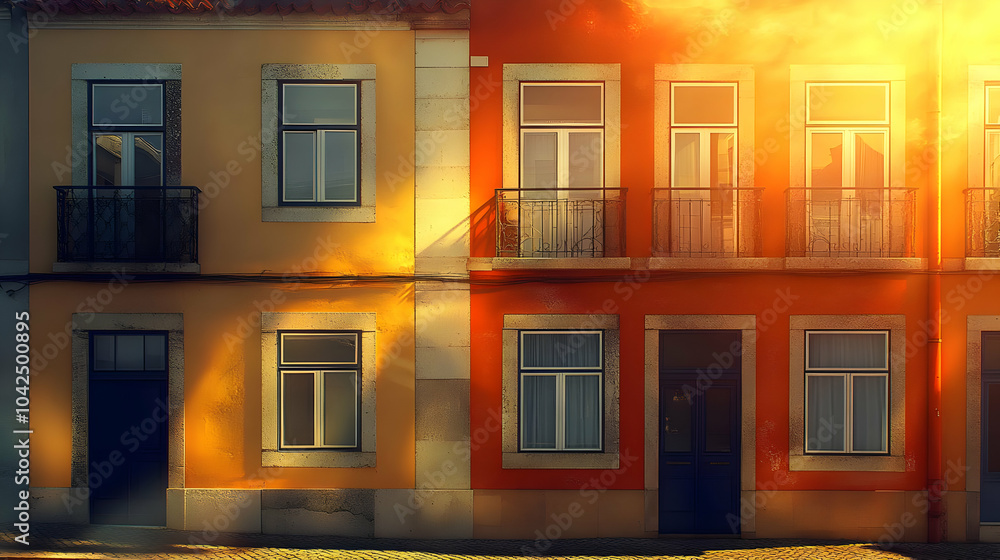 Obraz premium Vibrant facades of two adjacent buildings with warm lighting.