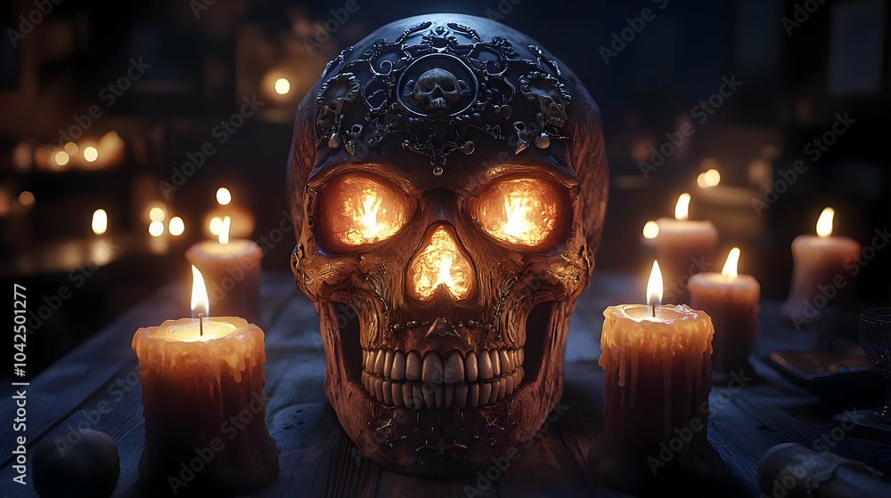 A decorative skull surrounded by glowing candles creates a mystical atmosphere. A decorative skull surrounded by glowing candles creates a mystical atmosphere.