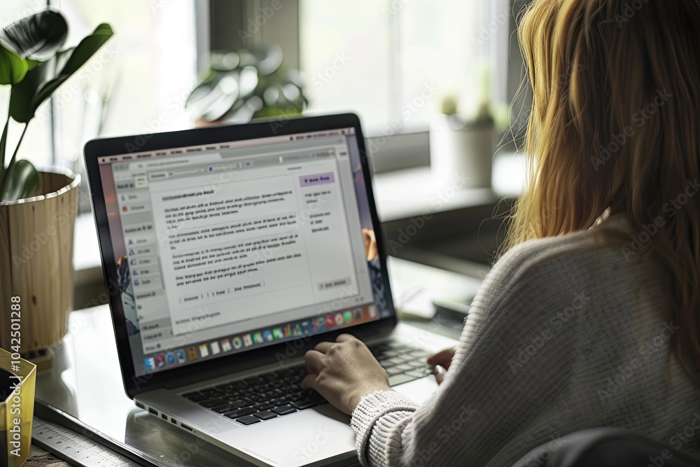 Woman working on a laptop at home near large windows and plants during daylight hours, focusing on a document. Generative AI Woman working on a laptop at home near large windows and plants during daylight hours, focusing on a document. Generative AI