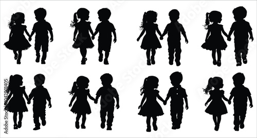 Vector silhouettes of a boy and girl walking. Silhouettes of boy and girl walking. Silhouettes of girl and boy walking and holding hands. Vector illustrations of a boy and girl walking silhouettes