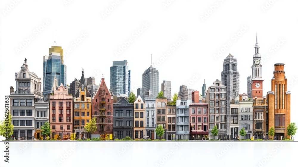 Obraz premium Wide-angle panorama of city buildings with diverse architectural styles, isolated on white background