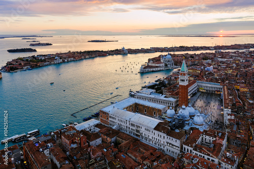 Aerial view of St Mark's square at sunset, Venice, Italy photo