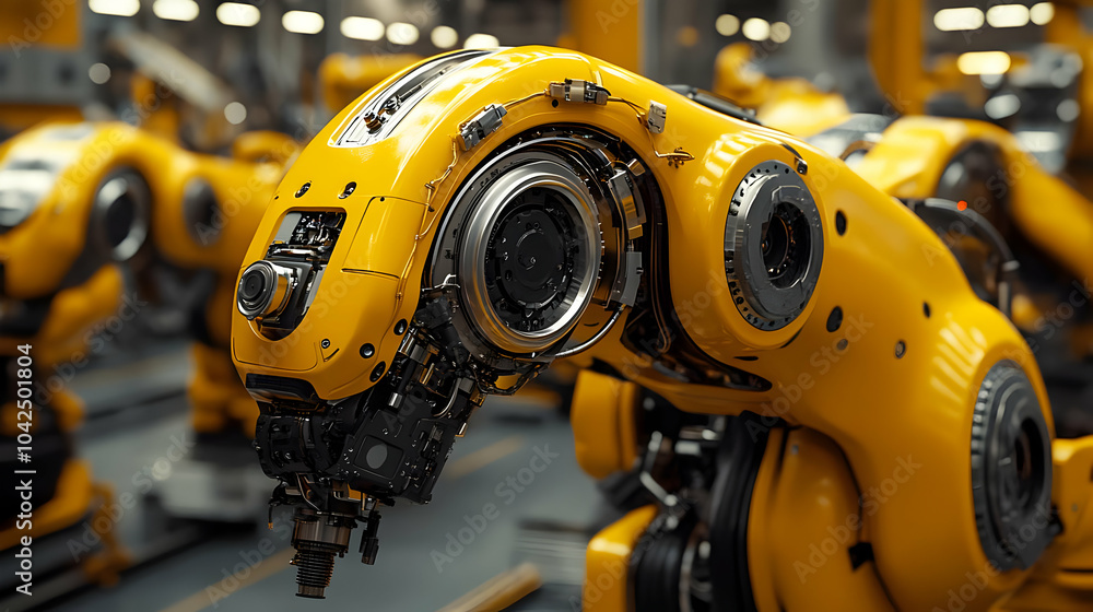 Close-up of a yellow robotic arm in an industrial setting. Close-up of a yellow robotic arm in an industrial setting.