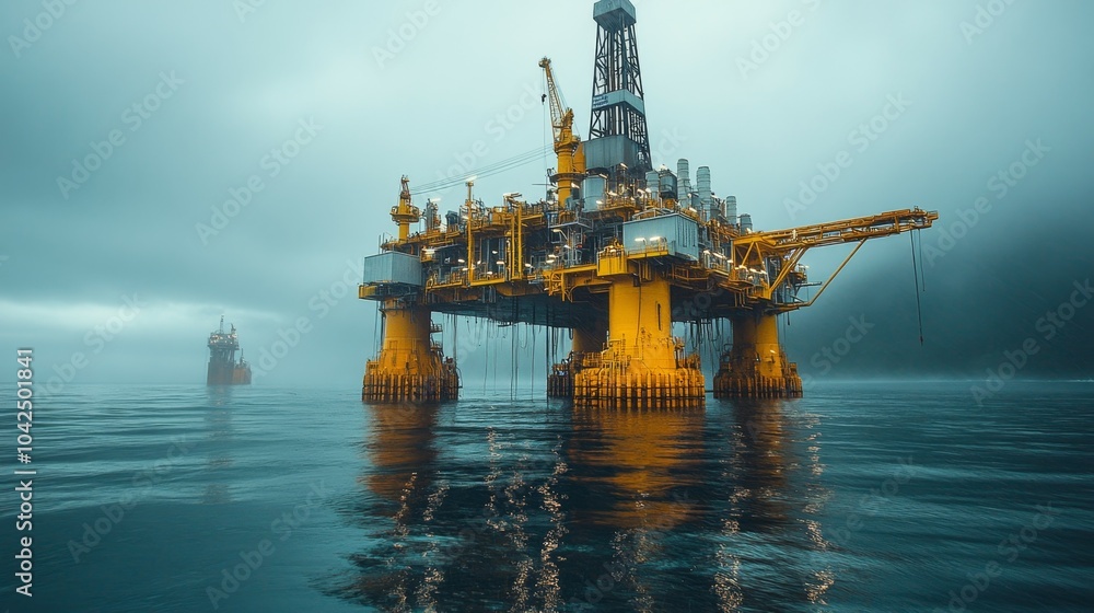 Plataforma petrolífera en alta mar, producción y extracción de petroleo u oro negro.. Concepto de industria del petróleo. Plataforma petrolífera en alta mar, producción y extracción de petroleo u oro negro.. Concepto de industria del petróleo.