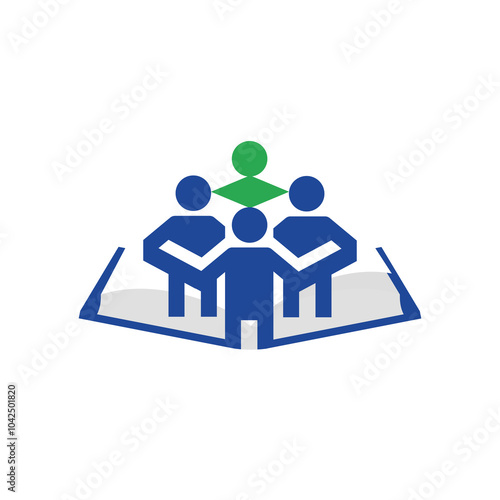 This is a simple abstract design that depicts an open book with four abstract people together it in blue and green color on a white background