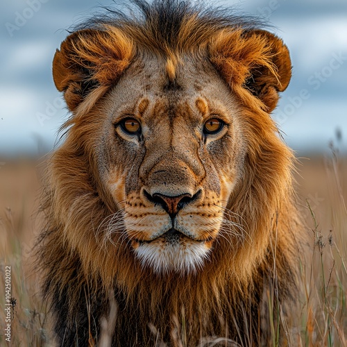 Espectacular León, en la Sabana africana, foto tomada con un teleobjetivo a atardecer, concepto de fauna salvaje y concurso fotográfico.

