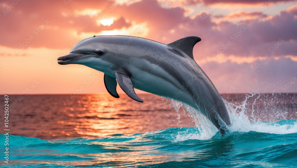 Fototapeta premium dolphins jumping with beautiful sunset. sunset dolphin cruise.