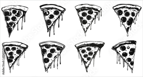 Pizza slice silhouettes icons vector set. Black silhouettes of Pizza slice. Delicious pizza slice silhouettes vector. Stylized pizza slices vector illustrations 