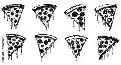 Pizza slice silhouettes icons vector set. Black silhouettes of Pizza slice. Delicious pizza slice silhouettes vector. Stylized pizza slices vector illustrations 